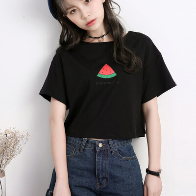

City plus CITYPLUS art fan high waist exposed umbilical round neck short loose short bottomed shirt short sleeve T shirt CWTD174166 black