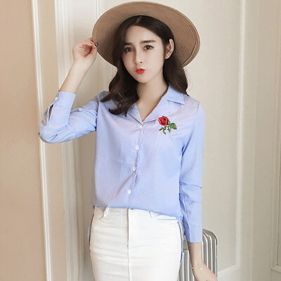 

Longyue Women Korean Suit Collar Long Sleeve Shirt Rose Embroidery Simple Fashion Shirt LWCC172114 Blue