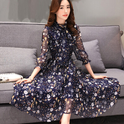 

A pond morning 2017 fashion women&39s simple seven-point sleeves waist waist temperament wild long paragraph dress autumn S61X0013 Tibetan blue&white L