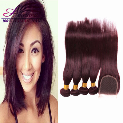 

Best Mongolian Straight Virgin Hair With Closure 99j Human Hair With Closure 99J Red Wine Hair Weave 3 Bundles With Closure