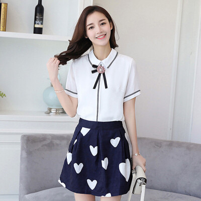 

Longyue women's wild short-sleeved chiffon shirt + love printing short skirt LWQZ174217 white