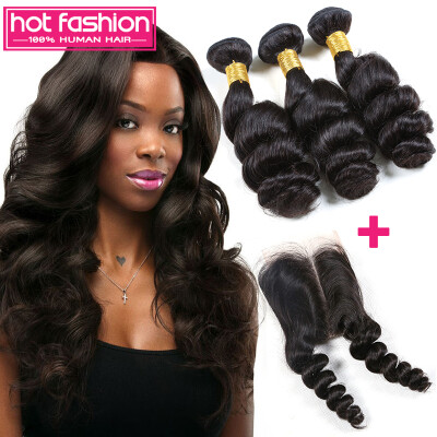 

Peruvian Virgin Hair Loose Wave 3 Bundles With Closure Natural Black Peruvian Loose Wave Closure With Peruvian Virgin Hair