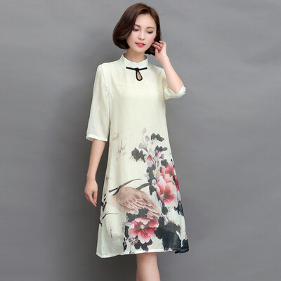 

MAXWAY Women&39s Wear 2017 Spring Retro Printing Art Dresses Slimming Skirt Button Five-Point Sleeve Skirt MW112 Color M