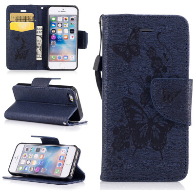 

Deep Blue Butterfly Style Embossing Classic Flip Cover with Stand Function and Credit Card Slot for IPHONE 5/5S/5SE