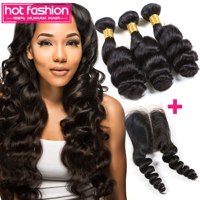 

3+1 Loose Wave Lace Closure With Bundles Malaysian Virgin Hair 8A Grade Human Hair Loose Wave Malaysian Virgin Hair With Closure