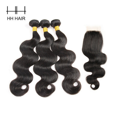 

HHHair Brazilian Body wave Hair 3 Bundles With 1pc Closure Unprocessed Virgin Human Hair Weft with 1pc 4x4 Inch Free Part Closure