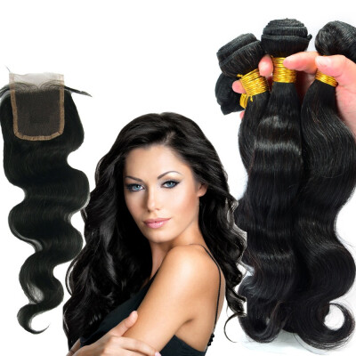 

QDKZJ Brazilian Virgin Hair 4/5pcs Body Wave Middle Part Lace Closure With 3/4pcs Bundle Unprocessed Hair Extention Body Wave