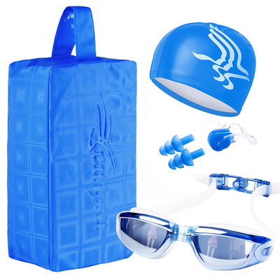 

You swimsuit men&women waterproof anti-fog swimming glasses high-definition goggles waterproof package set Z6315 plating blue plain