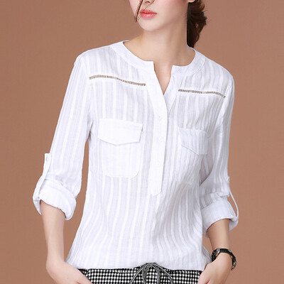 

CITYPLUS FAN Sen Department of collar long sleeve shirt striped hollow casual shirt female CWCC171163 white L