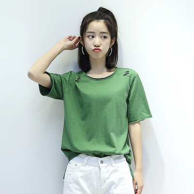 

City plus CITYPLUS art student wind round neck hole casual wild open fork t-shirt woman CWTD174473 green S