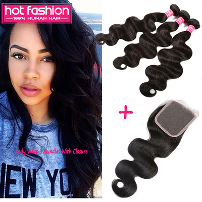 

Hot Fashion Peruvian Body Wave With Closure 3 Bundles Weave And Closure Bundle Peruvian Virgin Hair With Closure Natural Black