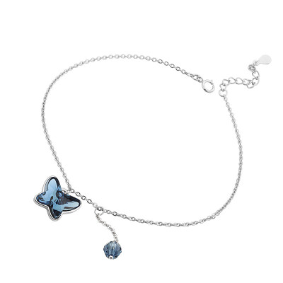 

T400 using Swarovski element crystal anklet female S925 silver jewelry Japan&South Korea version of the butterfly kiss ink blue send girlfriend Valentine&39s Day birthday gift