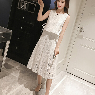 

Long Yue Women's hollow solid color sleeveless dress simple wild two-piece set LWQZ174106 white