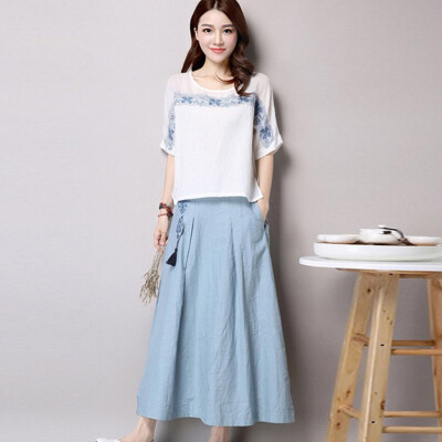 

A pond morning 2017 summer piece suit dress women large size loose round neck short sleeve T shirt wild simple skirt S72R0052A678S on the white under blue