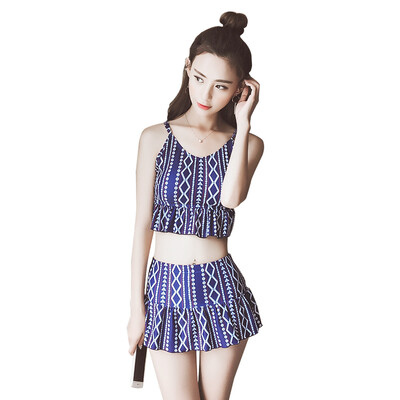 

Meishan 2017 summer new split small chest gather conservative cover belly was thin fresh sexy high waist skirt style swimsuit 7048 blue L