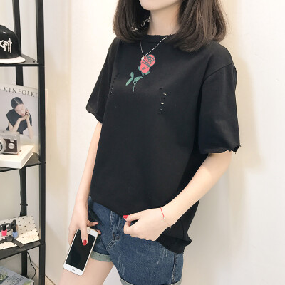 

VIVAHEART Korean casual fashion rose print T-shirt round neck short sleeve jacket female VWTD174132 black