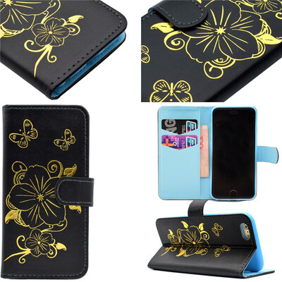 

Black Hot Stamping Foil Gold Design PU Leather Flip Cover Wallet Card Holder Case for Apple iPhone 6