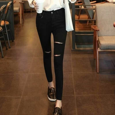 

Fubian cents FUBIXIAN Korean high waist fashion casual hole feet nine points jeans K4225 black 30