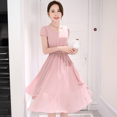 

Siberian woman 2017 pink round neck lady short-sleeved temperament high waist chiffon dress with pin S72R0049A26M pink M