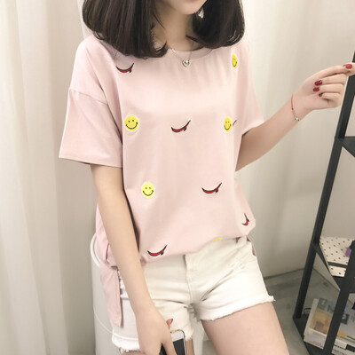 

VIVAHEART Korean casual fashion smiley print T-shirt round neck short sleeve jacket female VWTD174133 pink