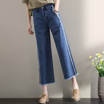 

City plus CITYPLUS art Fan high waist straight loose loose tassel was thin nine points pants fur wide leg jeans CWKN174153 dark blue 27