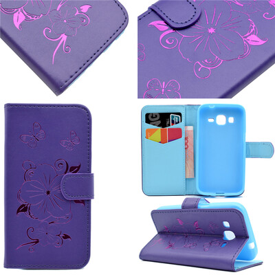 

Purple Hot Stamping Foil Gold Design PU Leather Flip Cover Wallet Card Holder Case for Samsung GALAXY CORE Prime G360