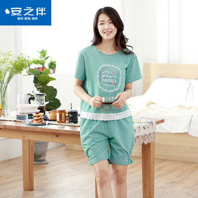 

Anzhiban anzhiban pajamas 2017 лето новые с короткими рукавами сладкие полосы домашний сервис тонкий разрез костюм 72K7259 зеленый L