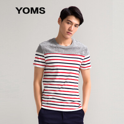 

YOMS) short-sleeved T-shirt men's fine cotton business casual round neck stripes short-sleeved underwear men 61244773 red and white Tibetan green strip + gray fight