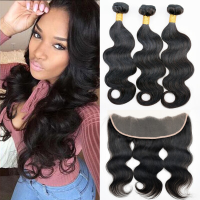 

Brazilian Body Wave 3 Bundles with Lace Frontal Human Hair Weave Extensions Natural Color Ear to Ear Frontal Closure with Bundles