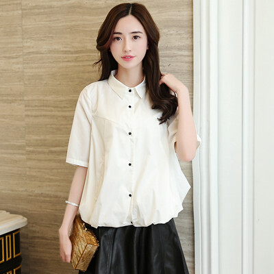 

Siberian woman 2017 autumn short sleeve lapel solid color white buckle short paragraph shirt S71R0319A7M white