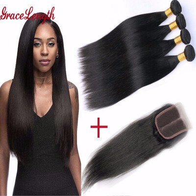 

8A Brazilian Virgin Hair With Closure 4 Bundles Straight Hair With Closure Grace Length Hair Brazilian Straight Hair With Closure