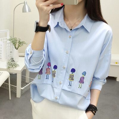 

Longyue women Korean version of the Slim spring long-sleeved shirt wild fashion in the long section of small fresh shirt LWCC171119 blue L