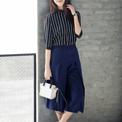 

Longyue women&39s vertical stripes in the sleeve chiffon shirt simple wide leg pants suit LWXS173415 black