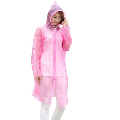 

Pioneer even translucent thicker non-disposable raincoat male&female long section with cap windbreaker front open button outdoor camping mountaineering travel rafting travel Siamese adults adult poncho 5 silk pink