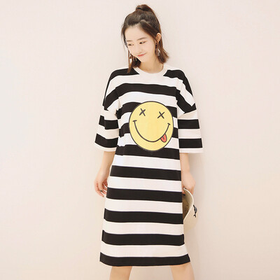 

City plus CITYPLUS art smiling face printed round neck stripes fifth sleeves in long section T-shirt women CWTD173455 black&white stripes