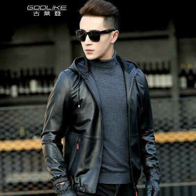 

Men's leather jacket long sleeve autumn witer clothing genuine sheepskin motocycle coat real leather the newest style with hood