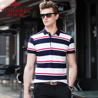 

Yu Zhaolin T-shirt male lapel fashion men's stripes comfortable short-sleeved YZL303 blue