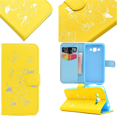 

Yellow Hot Stamping Foil Gold Design PU Leather Flip Cover Wallet Card Holder Case for Samsung GALAXY Grand Prime G530