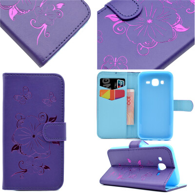 

Purple Hot Stamping Foil Gold Design PU Leather Flip Cover Wallet Card Holder Case for Samsung GALAXY J5