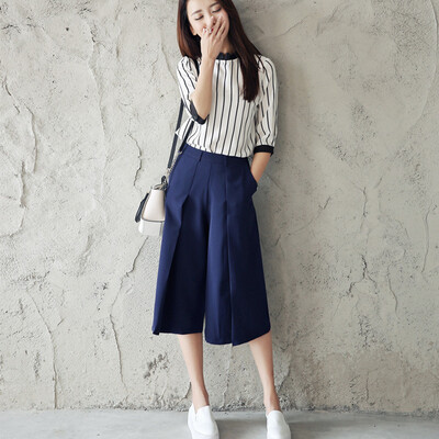 

Longyue women&39s vertical stripes in the sleeve chiffon shirt simple wide leg pants suit LWXS173415 white M