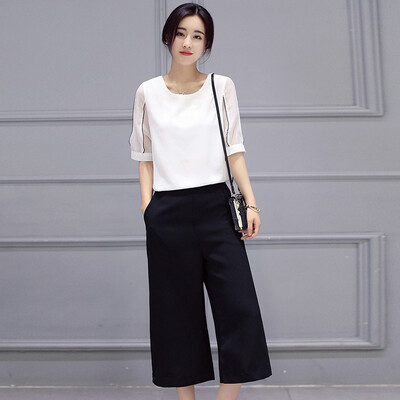 

A pond morning 2017 fashion suit female large code loose five points sleeves round neck short jacket shirt waist was thin straight pants pants OL commuter equipment S72R0255A657M on the white under the black M