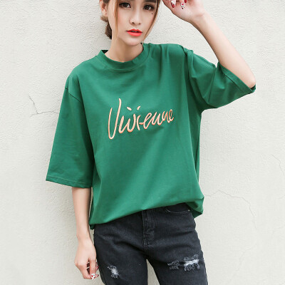 

Long Yue Women's letter embroidery short-sleeved T-shirt simple wild primer LWTD174102 green