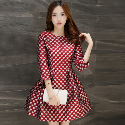 

A pond morning 2017 Korean version of the women's simple Slim was thin round collar seven sleeves large size package bag in the long section of the dress autumn 043125 red