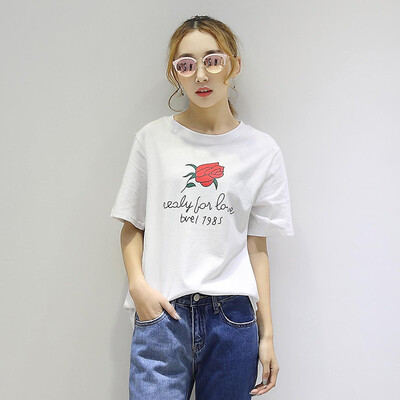 

City Plus CITYPLUS Arts & Crafts Loose Round Collar Short Sleeve Rose Letter Print T-Shirt Female CWTD173456 White M