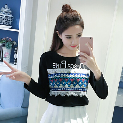 

VIVAHEART Loose Round Neck Lace Short Sleeve Long Sleeve T-Shirt Female VWTC172337 Black