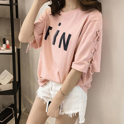 

Long Yue Women's Letter Print Short Sleeve T-Shirt Banded Casual Round Shirt Sleeve LWTD174103 Pink M