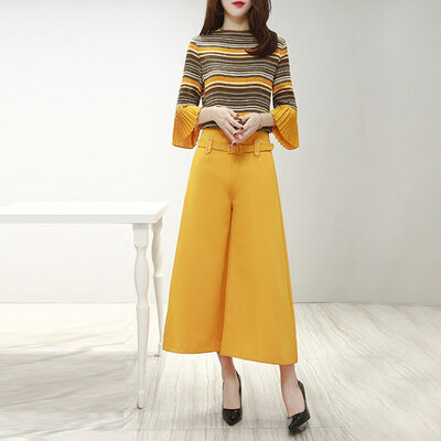 

Xian Ya Korean fashion Slim temperament was thin round collar striped coat wild simple leisure wide leg pants suit female zx16050316 yellow