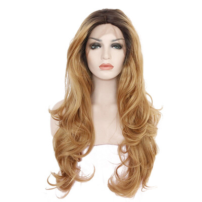 

Anogol Light Brown Ombre Dark Roots Glueless Long Loose Wave Natural Hair Wigs Peruca Laco Sintetico Synthetic Lace Front Wig