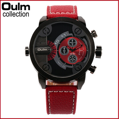 

Leather Strap Men's Watches luxury brand Fashion Military Wristwatch.Oulm watch with Double Move Quartz Watch