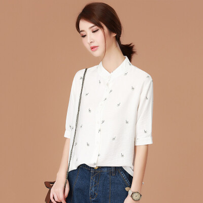 

City plus CITYPLUS art rejuvenation collar short sleeve loose casual chiffon shirt CWCC175156 white